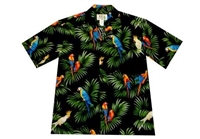 Mens black Aloha shirt with multicolor parrots perched on leafs