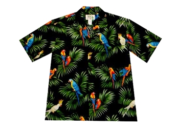KYs Womens Black Aloha Shirt with Parrots