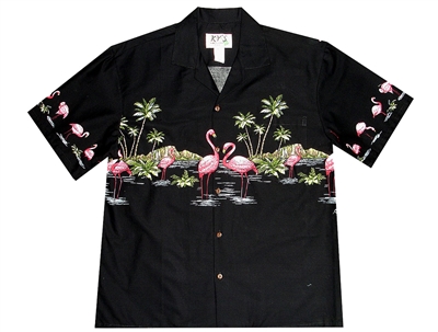 â€‹Black mens Aloha shirt with pink flamingos in a tropical setting with palm trees and volcano in the background.