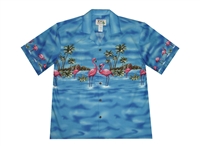 KY's blue mens Aloha shirt with Pink Flamingos on the chest-band, back, and sleeves