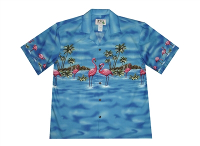 KY's blue mens Aloha shirt with Pink Flamingos on the chest-band, back, and sleeves