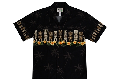 Mens black Aloha shirt with silhouetted palm trees and Tiki statues on a chestband design