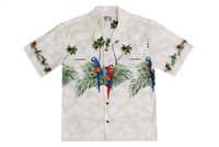 Mens creme Aloha shirt with multicolored parrots on the chestband, back and sleeves