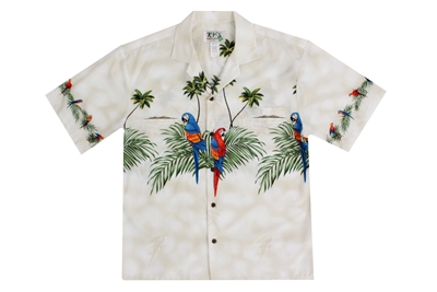 Mens creme Aloha shirt with multicolored parrots on the chestband, back and sleeves