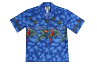 Mens blue Aloha shirt with multicolored parrots on the chestband, back and sleeves
