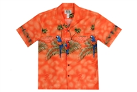 Mens orange Aloha shirt with multicolor parrots on chestband, back and sleeves