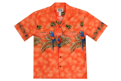 Mens orange Aloha shirt with multicolor parrots on chestband, back and sleeves