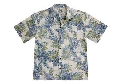 Mens blue green tropical leafs on a cream background in a reverse print Aloha shirt
