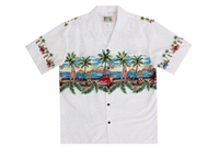 Mens white Aloha shirt with a red Woody car on a beach lined with palm trees on the chestband, back and sleeves