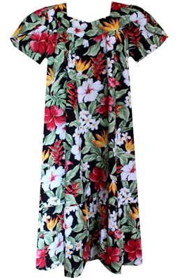 Womens black mid-calf length Hawaiian muumuu dress with multi-color tropical flowers and foliage allover