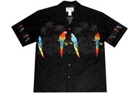 Mens black Aloha shirt with a breathtaking tropical parrot design over a silhouetted jungle, perfectly matched at the button line.