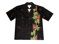 Beautiful silhouetted black Aloha shirt with a palm tree side panel and matching pocket.