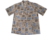 Sand colored mens Hawaiian Aloha shirt with Honu and block print tattoos in blue, gold and brown colors.