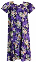 Womens purple mid-calf Hawaiian muumuu dress with pink and white hibiscus flowers