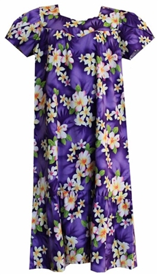 Womens purple mid-calf Hawaiian muumuu dress with pink and white hibiscus flowers