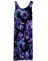 Long sleeveless long tank dress with bold, beautiful colorful blue and purple flowers on black material