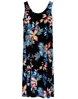 Sleeveless long tank dress with colorful pink, orange, and blue paradise flowers and colored ferns and monstera leaf on black material