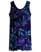 Short sleeveless tank dress with splashes of blue and purple that resemble flowers on black material