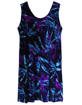 Short sleeveless tank dress with splashes of blue and purple that resemble flowers on black material