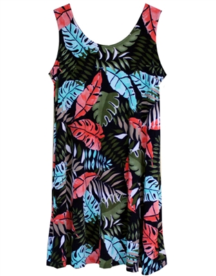 Sleeveless short tank dress with coral, turquoise, and green colored ferns and monstera leaf in a allover print on black material