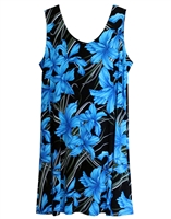 Short sleeveless tank dress with vividly colored turquoise flowers in a allover print design on black material.