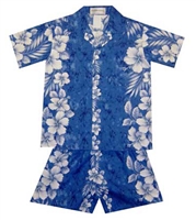 Boys blue cabana set with a marble fabric design with hibiscus flowers running vertically