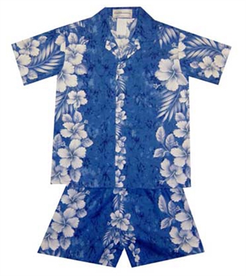 Boys blue cabana set with a marble fabric design with hibiscus flowers running vertically