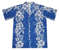 Boys blue Hawaiian shirt with a marbled fabric and hibiscus flowers in a vertical print