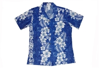 Milson marbled womens blue Aloha shirt with hibiscus flower and leaf