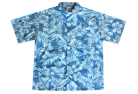 Mens blue Hawaiian shirt with a distressed leaf and flower design, in a all-over print