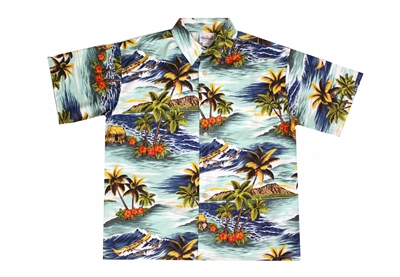 Men's blue colored Mauna Loa Hawaiian shirt with outrigger canoes and a allover Hawaiian island theme