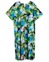 Hawaiian print Kaftan contains jungle flowers, fronds and multicolored leaves on a navy blue fabric.