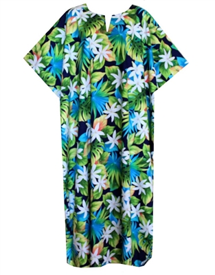 Hawaiian print Kaftan contains jungle flowers, fronds and multicolored leaves on a navy blue fabric.