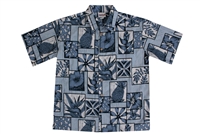 Mens blue Hawaiian shirt with pineapples, symbols, leaf, and hibiscus flowers