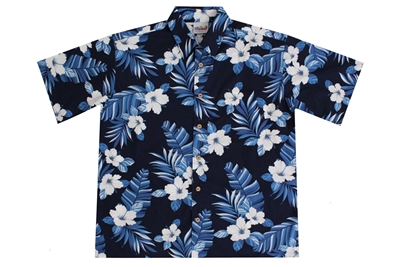 Allover print mens navy blue Hawaiian shirts with hibiscus flowers and fronds