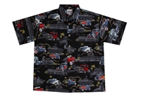 Mens black Hawaiian shirt with colorfull hot rod cars and 50s diners