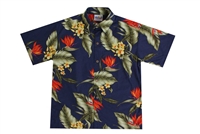 Mens Hawaiian shirt with orange bird of paradise flowers and green banana leaf in a all over print