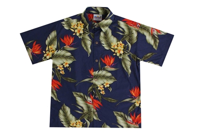 Mens Hawaiian shirt with orange bird of paradise flowers and green banana leaf in a all over print