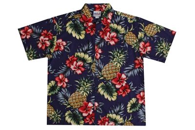 Blue mens Hawaiian shirt with large pineapples, fronds, and red hibiscus flowers