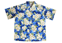 Blue mens Hawaiian shirt with white and yellow plumeria flowers, in a allover design.