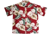 Mens red Hawaiian shirt with white Cereus flowers and green foliage