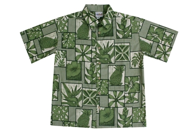 Mens green Hawaiian shirt with pineapples, hibiscus flower and bird of paradise flowers and symbols