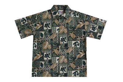 Green mens Hawaiian shirt with golden colored sea turtles, Polynesian symbols, and canoes in a block print