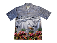 Spectacular looking gray Aloha shirt with whales and dolphins and sea turtles swimming over an extremely colorful coral reef.