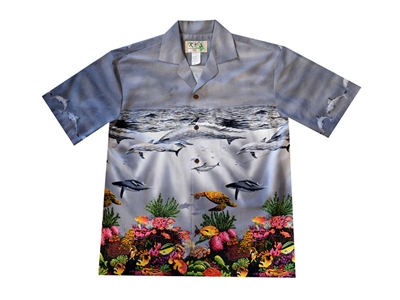 Spectacular looking gray Aloha shirt with whales and dolphins and sea turtles swimming over an extremely colorful coral reef.
