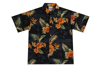 Mens Maui Hawaiian shirt with mango colored hibiscus flowers and green fronds