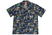 Mens North Shore Hawaiian shirt with outrigger canoes and fish