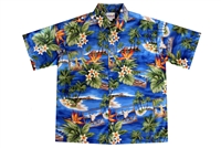 Mens blue Hawaiian shirt depicting the island of Oahu. Includes images of canoes, bird of paradise flowers and Hawaiian islands.