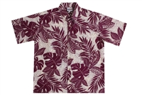 Men's eggplant colored rayon Hawaiian shirt with leafs inset with Polynesian tattoo designs