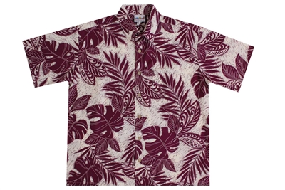 Men's eggplant colored rayon Hawaiian shirt with leafs inset with Polynesian tattoo designs